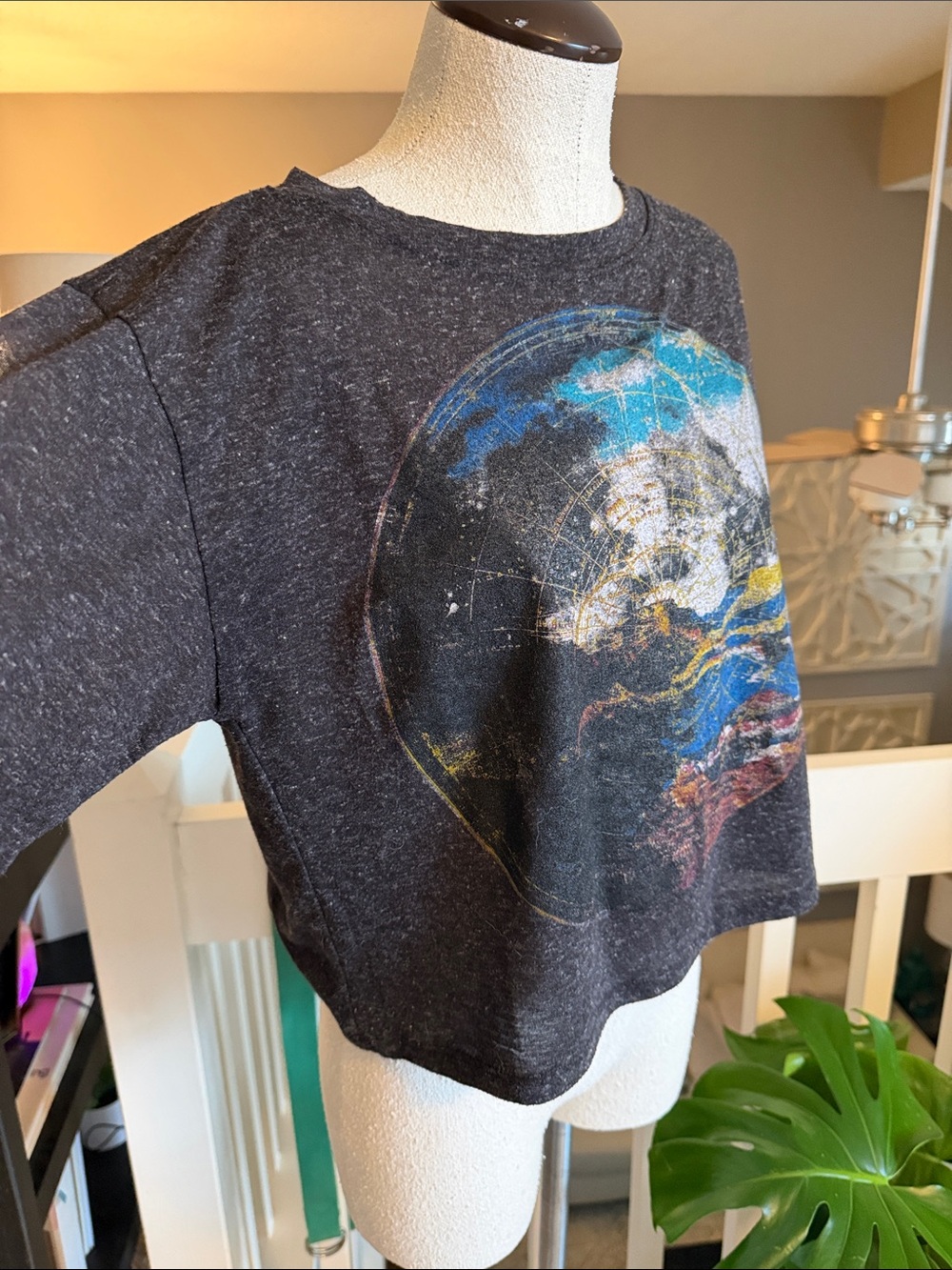 Anthropologie Black Graphic Crop Top with Blue, Yellow and Red Print - Picture 2 of 3